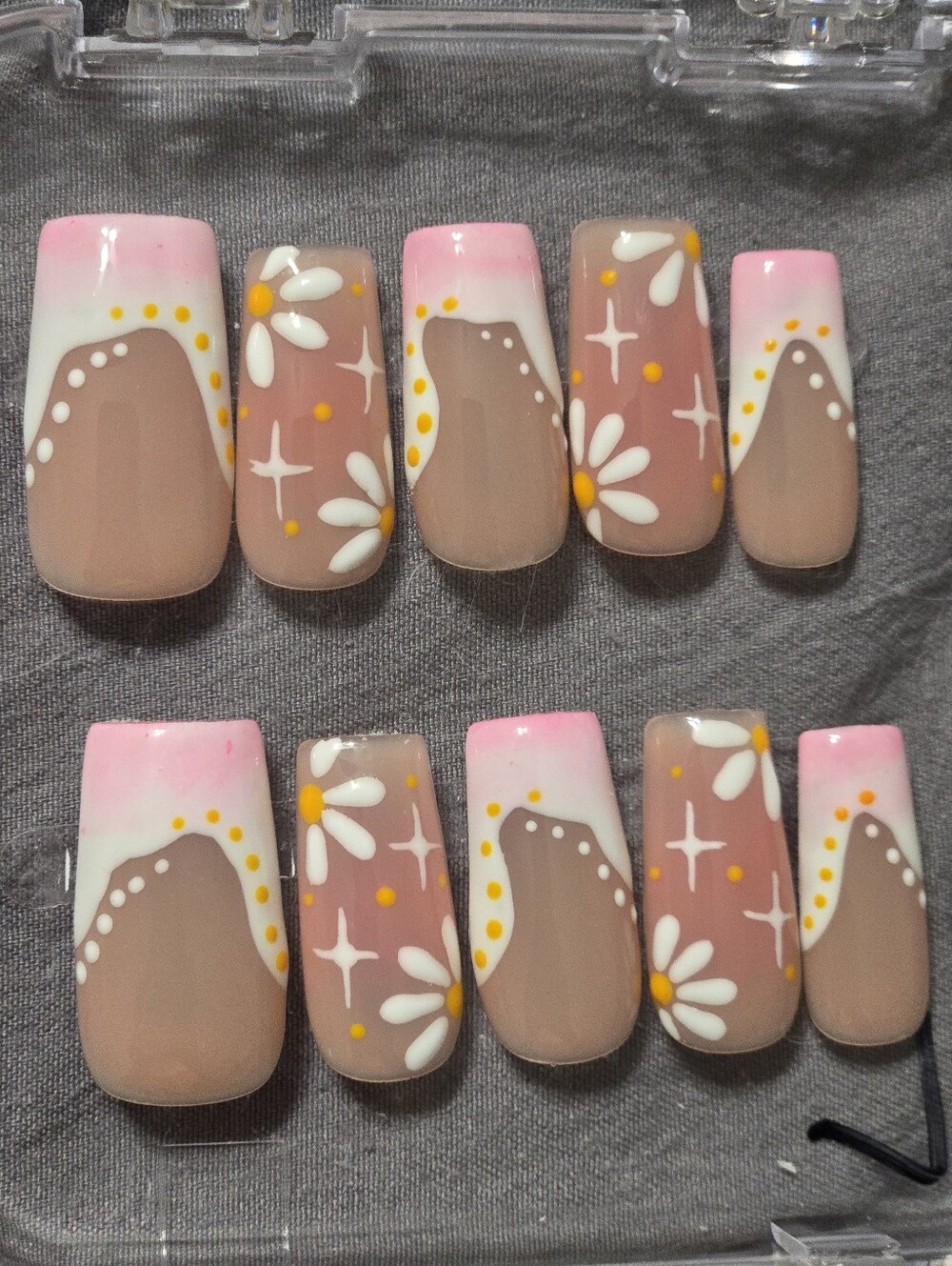 Daisy French Press-On Nails in Pink & Nude, Square Medium Length